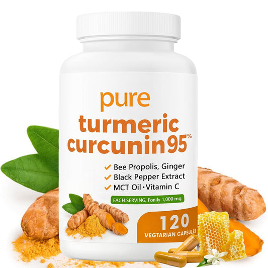 Suplemento de curcumina de cúrcuma (1000 mg - 95 % de complejo de cúrcuma) con propóleo de abeja, jengibre, aceite MCT, vitamina C liposoluble y pimienta negra. Sin OMG ni gluten. 120 cápsulas.