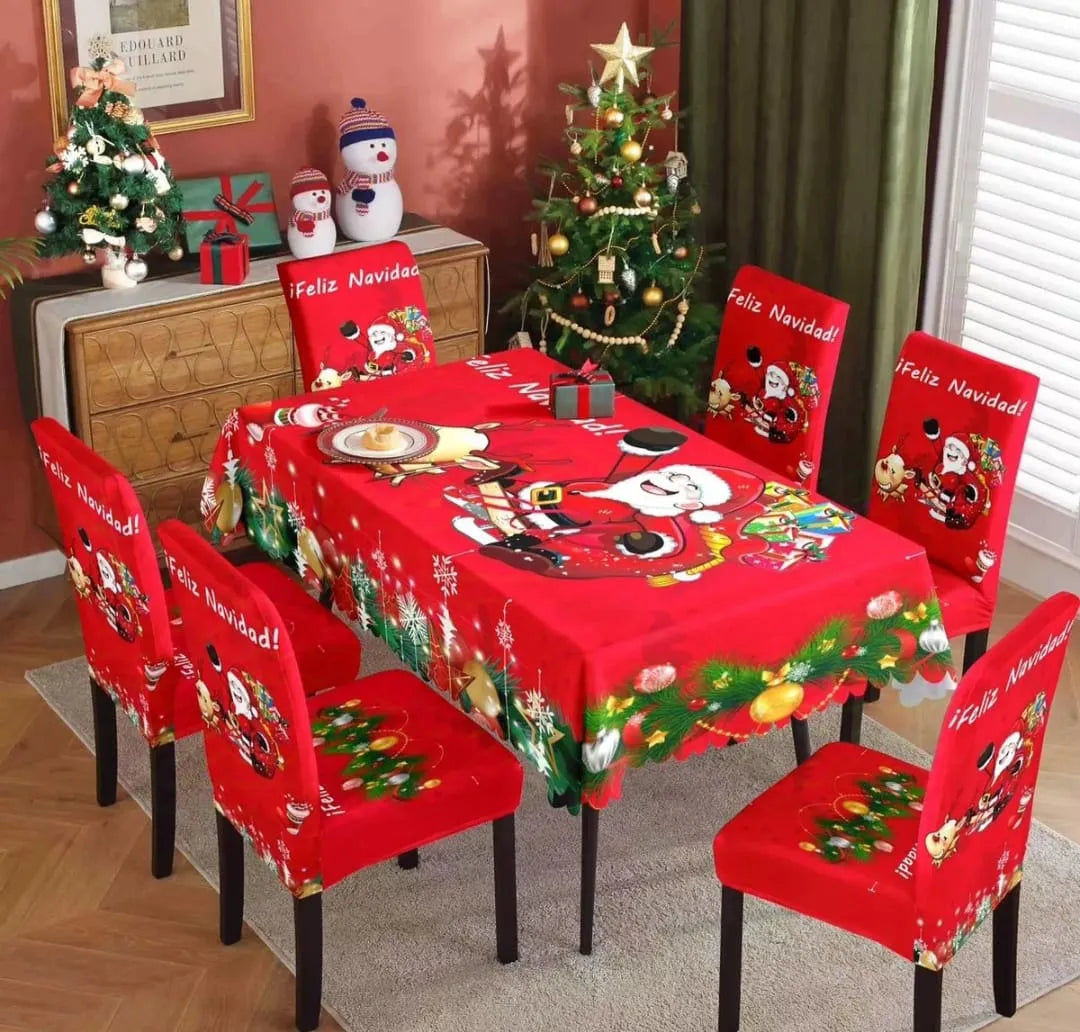 SET NAVIDEÑO DE COMEDOR – 6 FUNDAS PARA SILLAS + MANTEL