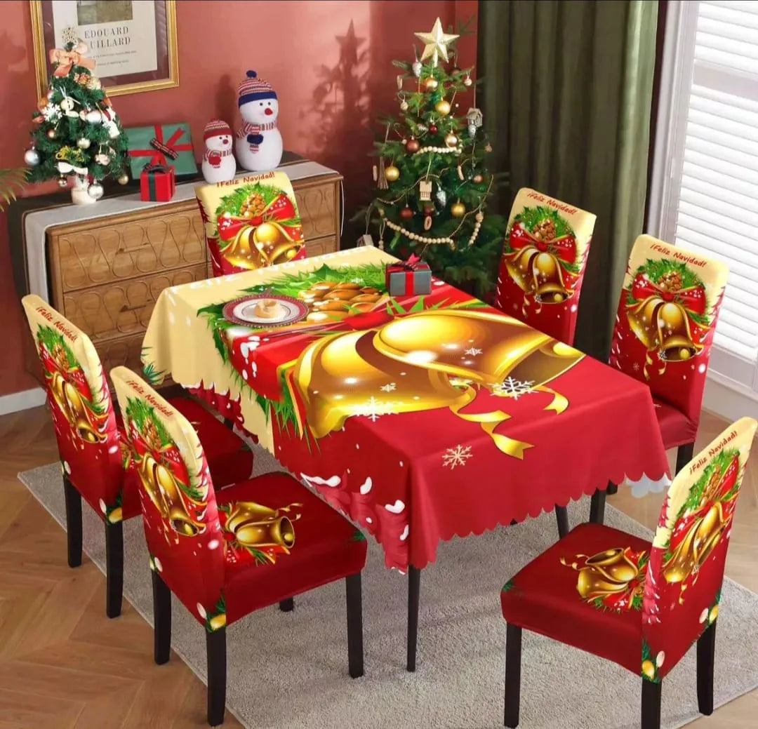 SET NAVIDEÑO DE COMEDOR – 6 FUNDAS PARA SILLAS + MANTEL