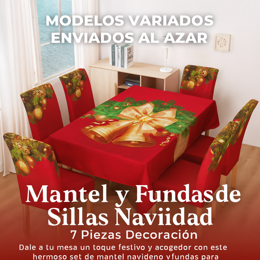 SET NAVIDEÑO DE COMEDOR – 6 FUNDAS PARA SILLAS + MANTEL